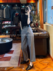 Gray High Waist Tapered Pants Nine-Minute Leggings Simplistic Styling Womens Commute Straight Leg Woolen Trousers