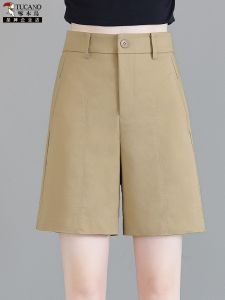 High Waist Thin Tuxedo Shorts Womens Summer Casual Pants Wide Leg Mid-Calf Outerwear Style Five-Quarter Length Cotton Blend
