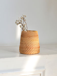 Retro Wicker Pen Holder Desktop Stationery Makeup Comb Weaving Storage Basket Flower Vase Handmade Japanese Style Home Organizer