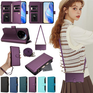 For Xiaomi POCO X5 X6 X7 F5 F6 F7 M6 M7 Pro Ultra 4G 5G Leather Holster with Shoulder Strap Wrist Rope Card Slots Magnetic Snap Zipper Pocket and Foldable Stand Shockproof