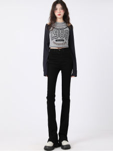 High Waist Black Bell Bottom Jeans Womens Ankle Length Elastic Slimming Floor Length Pants Spring Autumn Cotton Stretch Denim