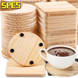 5Pcs Wood Coasters Heat Insulation Pot Holder Bowl Pad with Non-Slip Dots Dining Tea Cup Blank Wooden Coasters Kitchen Hot Dishes Mat
