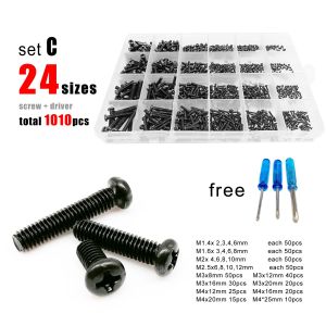 400/500/1010/2100X M1.2 M1.4 M1.6 M2 M2.5 M3 M4 Black Mini Micro Phillips Cross Pan Round Head Screw Bolt Nut Set Assortment Kit