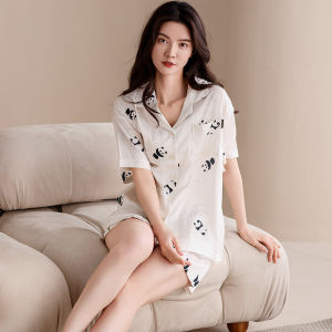 Miiow | Ice Silk Sleepwear Womens Short Sleeve Short Pants Two-Piece Set Turn-down Collar Open Cardigan Large Size Home Clothes