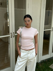 Pink Slim Fit Short Sleeve T-Shirt Womens Loose Base Shirt Summer Shoulder Width Regular Length Short Style Korean Version