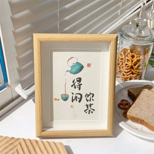 Chinese Zen Style Tea Drinking Calligraphy Artwork Frame Decorative Tabletop Display Living Room Decorative Hanging Painting