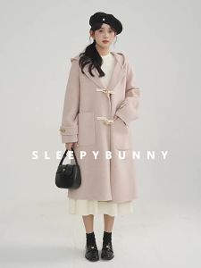 Double-faced Pink Hooded Short Horn Button Womens Wool Coat