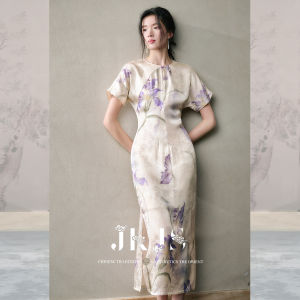 JK＆JS | Elegant Long Silk Dress With Iris Flower Print High Waist Flag Robe Style Retro Chinese Fashion JKJS Feng Wu Dance Dress