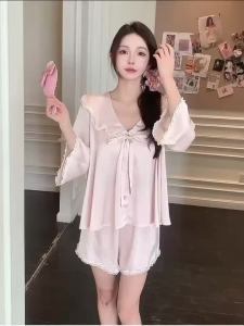 French High-end Seven Quarter Sleeve Sleepwear Comfortable Ice Silk Cool Breathable Pajamas for Womens Summer Sweet Lace Home Set Thin Pyjamas