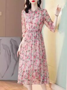 Floral Print Chiffon Dress Womens Summer A-Line Midi Skirt Sleeveless High Waist Button Detail Korean Style Office Commute Dress