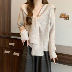 เสื้อสเวตเตอร์คอปกสีน้ำเงินสไตล์ลำลอง แขนยาว ทรงหลวม สำหรับผู้หญิงไซส์ใหญ่ ฤดูใบไม้ร่วง 2025 เสื้อคลุมกันหนาวแบบสวมหัว 2 ชิ้น