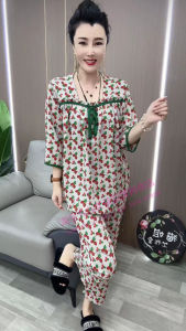 Floral Square Collar Home Wear Set Women Spring and Summer New Pajamas 3/4 Sleeve Loose Comfortable Top Trousers Two-piece Set