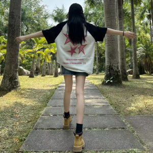 Black and White Patchwork Pure Cotton Short Sleeve T-Shirt Womens Raglan Loose Student Junior High School Student Summer New Arrival Trendy American Tops