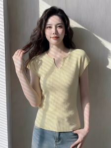 SHUQINGLAI | Elegant Short Sleeve T-Shirt for Women Knitted Top