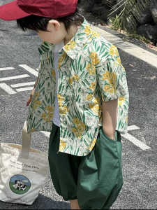 Cool Dopaamine Hawaiian Shirt Beach Vacation Stylish Baby Handsome Shirt Children Two-piece Set Summer Casual Kids Clothing