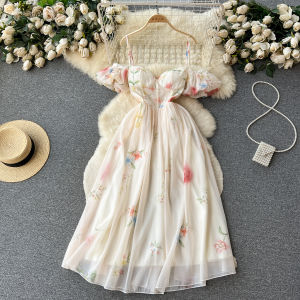 French Style off-Shoulder Bandeau Sling Dress Womens Summer Gentle Waist-Tight Floral Puff Sleeves Mesh Fairy Dress