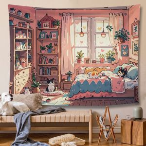 VIKAMA Pink Warm Bedroom Cat Tapestry Japanese Healing Hut Background Cloth Dormitory Decoration Tapestry Room Decoration