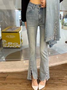 Beaded Rhinestone Split Horn Denim Summer 2024 New Arrival High Waist Slim Looking Ankle-Length Bootcut Pants Girls