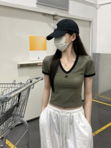 Spicy Girl Slim Fit V-Neck Personality Color Block Short Sleeve Cotton T-Shirt Womens Summer New Style Slimming Short Length Top