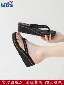 2025 New Womens Anti-Odor Sandals Summer Outdoor Wear Rhinestone Black Wedge Heel Thong Slippers Young Women Trendy