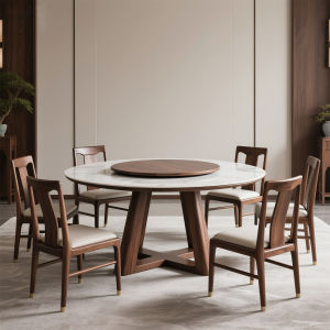 North America Black Walnut Solid Wood round Table New Chinese Style Song Family Aesthetics Villa Living Room round Dining Table Chair