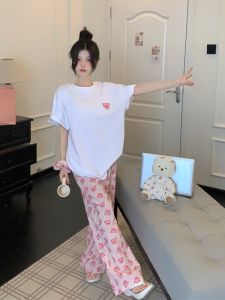 น่ารัก การ์ตูน เสื้อยืดแขนสั้นหมูและขากว้าง กางเกง ผ้าฝ้าย ชุดนอน ชุดสําหรับผู้หญิง ฤดูร้อน เสื้อผ้าบ้านทูพีซ ชุดสูท