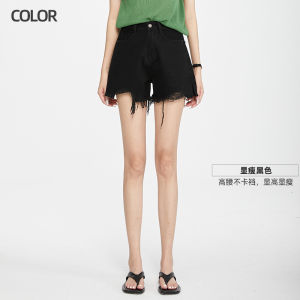 กางเกงขาสั้นผ้ายีนส์เอวสูงทรงเอสีดำ กางเกงขาสั้นทรงเอขากว้างสำหรับผู้หญิง ฤดูร้อน 2025 กางเกงขาสั้นทรงเข้ารูป ซิป ทรงเข้ารูป