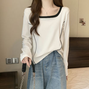 White Base Color T-Shirt Womens Spring Autumn Square Collar Long Sleeve Slimming Fashion Fishbone Inner Wear Commute Style