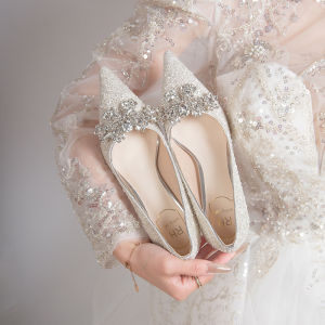 Silver Wedding Shoes Spring Summer High Heels Womens Thin Heel Engagement Crystal Shoes Elegant Style Ultrafine Fiber Inner