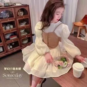 Spring Autumn Girls Dress Set Long Sleeve Childrens Retro PU Leather Vest Dress Set Teenage Girls Clothing Suit 4 6 8 12Y