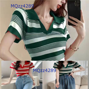 MQzz4289 พร้อมส่ง เสื้อคอปก ผู้หญิงแขนสั้น ผ้าไหมพรม ลายทาง เอวลอย เก๋มากๆ Free Size