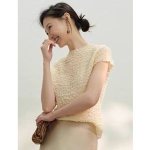 WANGGONGZHU | French Style Half High Collar Pleated Texture Short Sleeve T-Shirt Women Summer Breathable Overhead Top Korean Loose Fit Pure Color