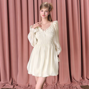 TAMMY TANGS | Sweet Style Sugar Power Cloud Sensation Flower Bud Skirt Long Sleeve Prune Color Polyester Spring Autumn Womens Dress