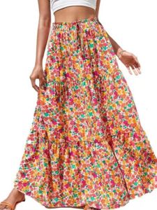 Bohemian plus Size Womens Fashion Floral A-Line Sweet Elastic High Waist Long Half Skirt Beach Skirt Polyester Fiber