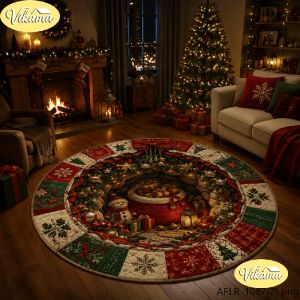 VIKAMA 3D Christmas Lantern Round Rug Flannel Non Slip Circular Carpet Pine Ornament Pinecone Pattern Living Room Floor Mat Xmas
