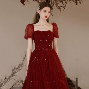 Heavy Industry Wedding Dress 2025 New Style Bride Engagement High-End Bubble Sleeve Wine Red Evening Gown Princess Style