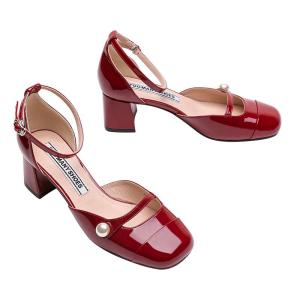 Toomanyshoes | Red Peached Tea Mary Jane Thick Heel Pumps
