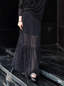 MANMI | Elegant Black Polka Dots A-Line Midi Skirt