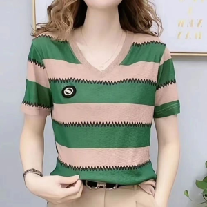 Womens V-neck short sleeved T-shirt with Western stripes versatile t-shirt casual slimming womens top