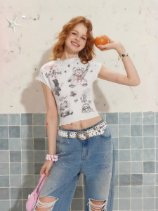Unifree | Lace Print Lace-Up Textured Short Sleeve T-Shirt Small Top