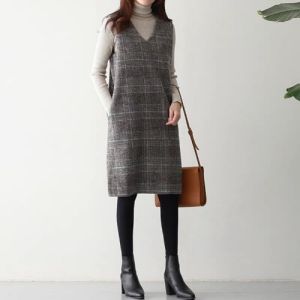 2025 Autumn Fashion Woolen Plaid Sleeveless Vest Dress Large Size Womens V-neck Slimming Mid-length One-piece Casual Cotton Dress