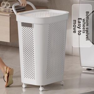 Mobile Dirty Clothes Storage Basket with Cover and Wheels