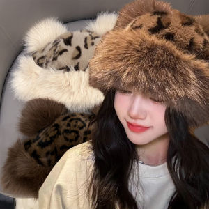 Winter Plush Warm Hats Leopard Print Women Korean Cute Mongolian Cap Little Bear Ear Thicken Fisherman Hat Ear Protection Bonnet