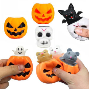Halloween Squeeze Toys Pumpkin Skeleton Squishy Toys for Kids Stress Relief Sensory Toys Ghost in Cup Fidget Toys Ball