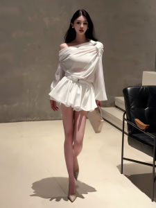 Spring Summer New Arrival Womens White Skirt Dress Shoulder Shirt Korean Style Fashion Set Long Sleeve round Neck Cotton Blend