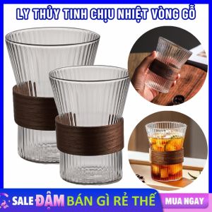 Ly Thủy Tinh Cốc Thủy Tinh Chịu Nhiệt Họa Tiết Vân Sọc Có Đai Gỗ Cách Nhiệt Dùng Pha Trà Cà Phê Uống Nước - Cốc Ăn Sữa Chưa Ly Pha Lê Cao Cấp