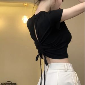 Spicy Girl Short Sleeve T-Shirt Womens Summer Design Back Hollow out Drawstring Small Size Short Style Trendy Top