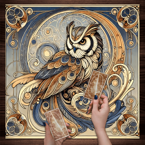 VIKAMA Mysterious Owl Desk Mat Colorful Feather Totem Tarot Elements Study Altar Divination Decoration Star Pattern Effect
