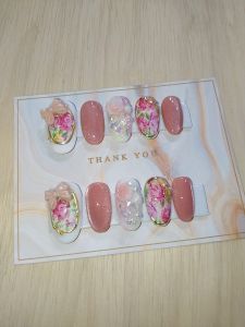 เล็บปลอมpvc.เจลแท้ฟรีกาวตะไบ เล็บเจลลายดอกไม้แต่งอะไหล่ ทรงอัลมอนด์กลางm *รับไซต์อื่นแจ้งที่ช่องแชทค่ะ