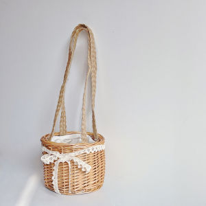 Childrens Fashion Pearl Handbag Woven Straw Basket Small Bag Princess Accessory Toy for Girls Aged 2-14 Universal Gender
